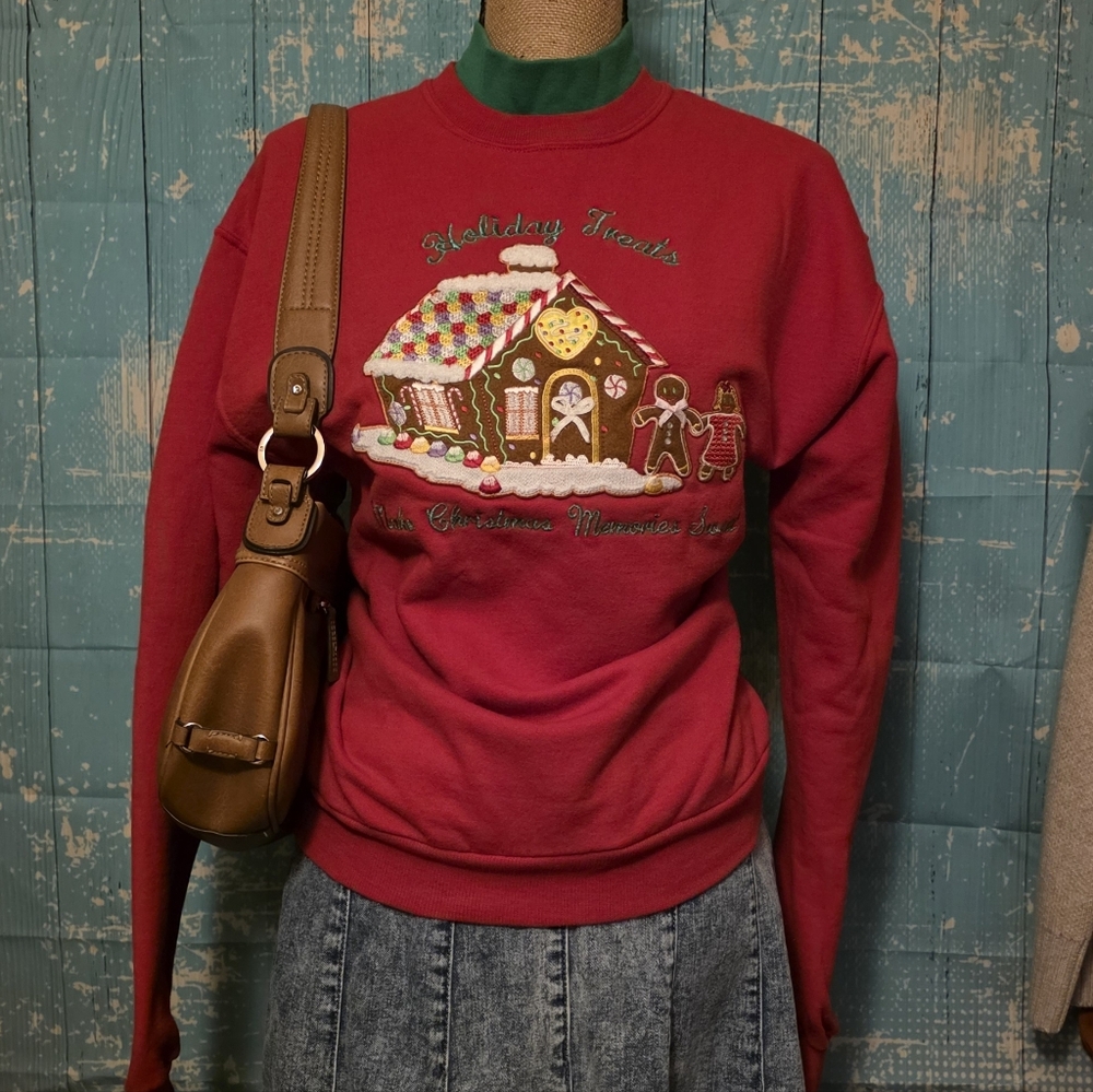 Vintage Christmas Sweater Womens, Embroidered Gingerbread House and Gingerbread - Picture 2 of 15